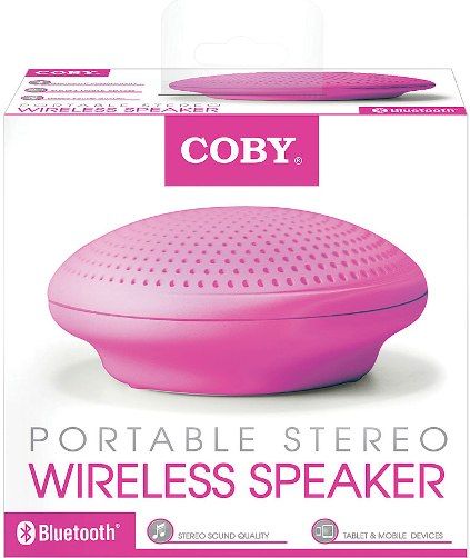 Coby CSBT300PNK Portable Stereo Wireless Speaker, Pink, Built-In 3.5mm Audio Jack, Compatible with Bluetooth enabled devices, Vacuum Bass Design Provides Surprising Volume And Bass Response In A Small Space-Saving Speaker, Up to 5 Hours Of Playtime From A Single Charge, Stylish Design, Ultra-Light Weight, Stereo sound quality, Connects up to 33 feet, UPC 812180020750 (CSBT-300-PNK CSB-T300-PNK CSBT300 CSB-T300)