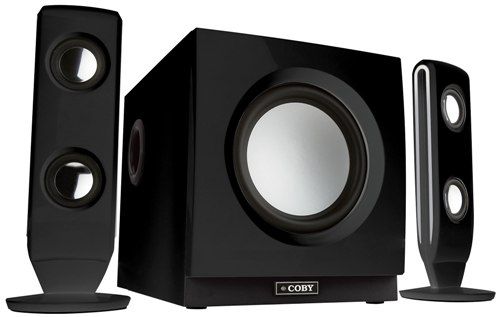 Coby CSMP77 High-Performance Speaker System for Digital Media Players, Ideal for PC, DVD, games, and personal audio use, 2.1-channel system (75-Watts), Powerful wooden long-throw subwoofer with tuned port for powerful bass response, 2 full-range satellite speakers with high-precision micro drivers, Convenient volume control, Magnetically shielded, 3.5mm stereo plug, UPC 716829230770 (CSMP-77 CSMP 77 CS-MP77 CSM-P77)