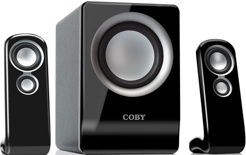 Coby CSMP80 Multimedia 2.1-Channel Speaker System, Experience 100 watts of high-performance sound, Designed for use with MP3 players, computer systems and more, Integrated amplifier with RCA stereo input (3.5mm adapter included), Full-range satellite speakers with 3