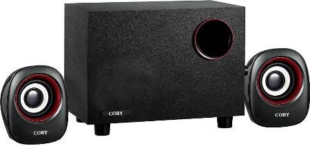 Coby CSP-01 Stereo Speaker System with Subwoofer and Dual Satellite Speaker, Powered USB 2.1 System, Bass Reflex 2.1 System, Compact Wooden Subwoofer, Playback From USB, Crystal Clear Sound, 5W 2W x 2 (RMS) Power Outlet, Driver Unit Bass 3