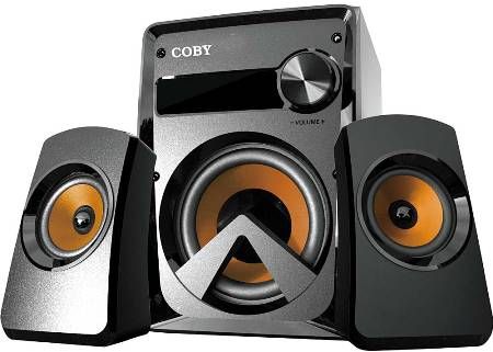 Coby CSP-03 High Performance Speaker System, 16 (RMS) Output Power, 2.1 Channels, 3 Piece Speaker System, Volume knob that is easy to operate, Output Impendence 4-6 ohm, Frequency Response 35Hz-18KHz, Remote control, Built-in AM/FM radio, Input Power AC 240V/50Hz, Includes two satellite speakers and a subwoofer with powerful sound, UPC 812180026073 (CSP03 CSP 03 CS-P03)