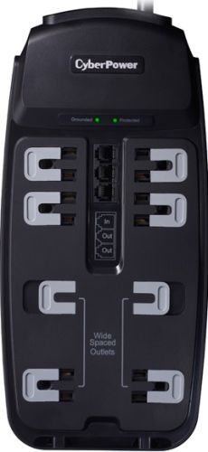 CyberPower CSP806T Professional Surge Protection, 8 Surge Protected Outlets, 2550 Joules of Surge Protection, 6 Ft. Cord Length, MOV Surge Protection, 15A Circuit Breaker, DSL/Phone/Fax Protection  RJ-11, EMI/RFI Noise Filters, Non Lighted On/Off - Reset Switch, NEMA 5-15P Plug, Right Angle - 45 Offset Plug (CSP-806T CSP 806T CS-P806T)