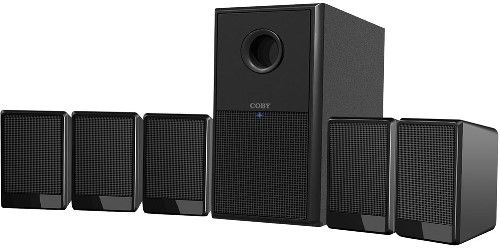 Coby CSP97 Home Theater Speaker System, Experience 300 watts of home theater surround sound, Designed for use with 5.1-channel DVD players, computer systems and more; Integrated amplifier with 2 connection options (RCA stereo and RCA 5.1-channel), Built-in switch allows you to easily change between audio connections, UPC 716829230978 (CS-P97 CSP-97 CSP 97)