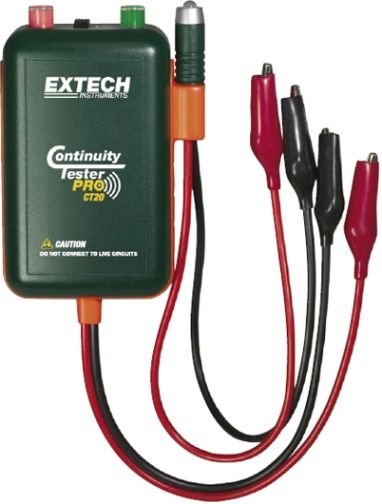 Extech CT20 Remote & Local Continuity Tester, Local continuity checking is accomplished by a bright flashing LED and loud pulsating beeper, Remote continuity with the use of the remote probe, Lightweight and pocketsized, clips on and hangs from the cable(s) under test without falling off, UPC 793950000205 (CT-20 CT 20)