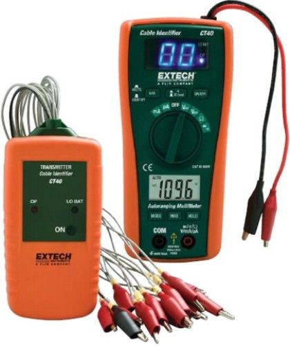 Extech CT40 Cable Identifier/Tester Kit, Troubleshoot electrical/electronic circuits and identify up to 16 local or installed lines, MultiMeter functions include: AC/DC Voltage and Current, Resistance, Diode, and Continuity, Transmitter/Receiver enables one person to remotely identify up to 16 wires, Wire voltage check from 5 to 16VDC, Data Hold and Max Hold, UPC 793950000403 (CT-40 CT 40)