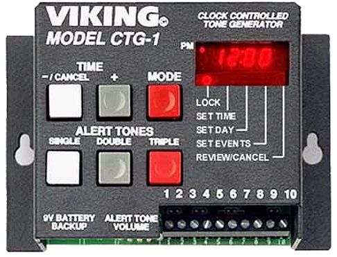 Viking Electronics CTG-1 Clock-controlled Tone Generator, 60Hz AC power line Time Base, User programmable 24 hour, 128 event timer, 10 position cage clamp terminal strip Connections, 9V alkaline or NiCad rechargeable battery maintains clock time for over 8 hours Battery Backup, +/- .001% Time Base Battery Backup Accuracy (CTG 1 CTG1  CTG-1)