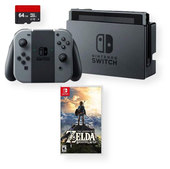 Nintendo HAC-001 Switch Video Game System Breath of the Wild Bundle; Charcoal; Includes a Switch console, Switch dock, Joy-Con (L) and Joy-Con (R), 2 Joy-Con strap accessories, 1 Joy-Con grip, AC adapter, HDMI cable.64GB Micro SD Card and,a game disc The Legend of Zelda: Breath of the Wild; UPC 636657053429 (SWITCH SWITCHBUN3 CONSOLE-SWITCH CTLSWIBUN3 CTLSWI BUN3 CTL SWIBUN-3)