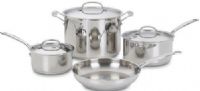 Cuisinart 77-7 Seven-Piece Chef's Classic Cookware Set, Mirror finish, Aluminum encapsulated base heats quickly and spreads heat evenly, Stainless steel cooking surface does not discolor, react with food or alter flavors; Solid stainless steel riveted handle stays cool on the stovetop; Rim is tapered for drip-free pouring, UPC 086279002358 (CUISINART777 CUISINART-777 777) 