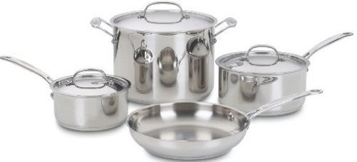 Cuisinart 77-7 Seven-Piece Chef's Classic Cookware Set, Mirror finish, Aluminum encapsulated base heats quickly and spreads heat evenly, Stainless steel cooking surface does not discolor, react with food or alter flavors; Solid stainless steel riveted handle stays cool on the stovetop; Rim is tapered for drip-free pouring, UPC 086279002358 (CUISINART777 CUISINART-777 777)