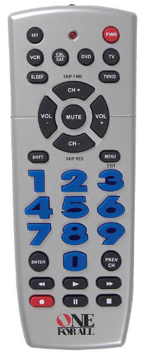 OFA CURC4110 4-Device Universal Big-Button Remote Control; Operates TV, VCR/DVD, cable/satellite; Oversize easy to use keys; Menu, mute & previous channel keys; Built-in sleep timer; 30-minute memory back-up; UPC 044476067488 (CURC4110 CURC4110)