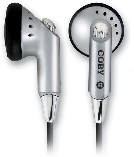 Coby CVE-05 Digital Stereo Earphones; Lightweight, mini ear-bud design; Digital stereo sound; 3.5mm L-shape stereo plug; Silver; 0.63