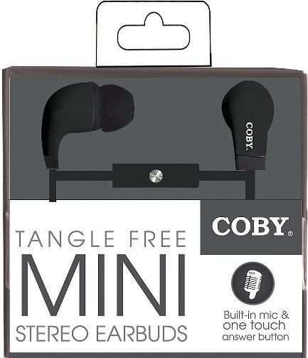 Coby CVE-100-BLK Tangle Free Mini Stereo Earbuds with Microphone, Black, Designed for smartphones, tablets and media players, Frequency Range 20-20000Hz, Impedance 16 Ohm, Sensitivity 102 + 2dB, Tangle free flat cable for all the convenient places, Comfortable and secure in the ear with detachable cables for added durability, UPC 812180020552 (CVE100BLK CVE100-BLK CVE-100BLK CVE-100 CVE100BK)