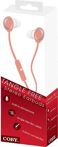 Coby CVE-102-RED Tangle Free Flat Cable Stereo Earbuds with Mic, Red; Frequency Range 20-20000Hz; Impedance 16 Ohm; Sensitivity 102 + 2dB; Excellent sound quality and microphone and lightweight headphone; Premium headphones with a comfortable in-ear design with soft silicone rubber ear tips; UPC 812180020828 (CVE102RED CVE102-RED CVE-102RED CVE-102)