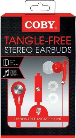 Coby CVE-103-RED Tangle Free Stereo Earbuds with Microphone, Red; Clipper & Trimmer; Designed for smartphones, tablets and media players; Frequency Range 20-20000Hz; Tangle Free Flat Cable; Impedance 16 Ohm; Sensitivity 102 dB; Comfortable in-ear design; One touch answer button; 3.5mm (1/8