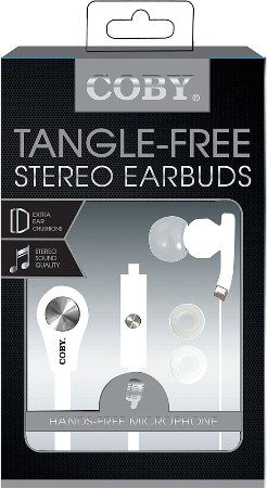 Coby CVE-103-WHT Tangle Free Stereo Earbuds with Microphone, White; Clipper & Trimmer; Designed for smartphones, tablets and media players; Frequency Range 20-20000Hz; Tangle Free Flat Cable; Impedance 16 Ohm; Sensitivity 102 dB; Comfortable in-ear design; One touch answer button; 3.5mm (1/8