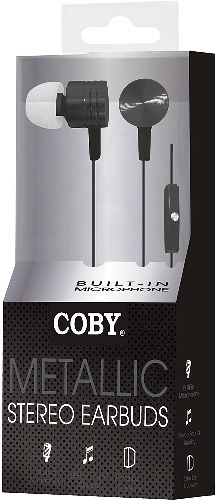 Coby CVE106BLK Metallic Stereo Earbuds, Black; Metal housing for Better sound Response and Acoustic Performance; Soft silicone ear buds provide a super comfortable, noise reducing fit; Symphonized headphones are perfect for iPhones, iPods, iPads, mp3 players, CD players and more; Built in Microphone; One touch answer button; UPC 812180020989 (CVE-106BLK CVE-106-BLK CVE106-BLK CVE106)