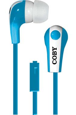 Coby CVE-113-BLU Tangle-Free Flat Cable Stereo Earbuds with Microphone, Blue; Advanced Audio; Tangle-free flat cable; Built-in microphone;One touch answer button; Extra ear cushions; Two-tone earbud; Designed for smartphones, tablets and media players; Dimensions 6
