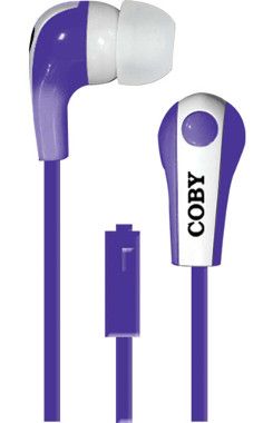 Coby CVE-113-PU Tangle-Free Flat Cable Stereo Earbuds with Microphone, Purple; Advanced Audio; Tangle-free flat cable; Built-in microphone; One touch answer button; Extra ear cushions; Two-tone earbud; Designed for smartphones, tablets and media players; Dimensions 6