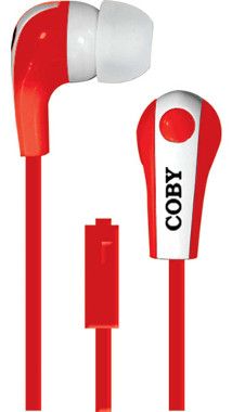 Coby CVE-113-RED Tangle-Free Flat Cable Stereo Earbuds with Microphone, Red; Advanced Audio; Tangle-free flat cable; Built-in microphone;One touch answer button; Extra ear cushions; Two-tone earbud; Designed for smartphones, tablets and media players; Dimensions 6