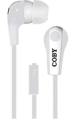 Coby CVE-113-WHT Tangle-Free Flat Cable Stereo Earbuds with Microphone, White; Advanced Audio; Tangle-free flat cable; Built-in microphone; One touch answer button; Extra ear cushions; Two-tone earbud; Designed for smartphones, tablets and media players; Dimensions 6