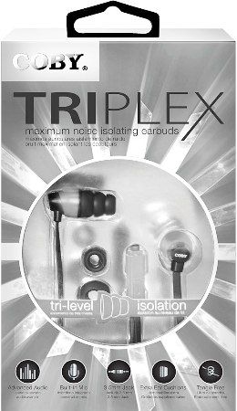 Coby CVE-116-WHT Triplex Stereo Earbuds with Microphone, White, Frequency Range 20-20000Hz, Impedance 16 Ohm, Sensitivity 102-2dB, One touch answer button, Extra ear cushions, Tri-level ear cushion, Tangle-Free flat cable, UPC 812180026561 (CVE116WHT CVE116-WHT CVE-116WHT CVE-116)