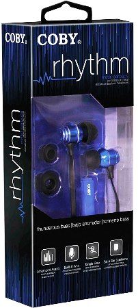 Coby CVE125-BLU Rhythm Tangle-Free Flat Cable Metal Earbuds with Microphone, Blue, Designed for smartphones, tablets and media players; Metal housing Earbuds; One touch answer button; Extra ear cushions; UPC 812180026745 (CVE125BLU CVE-125-BLU CVE125 BLH CVE-125BLU) 