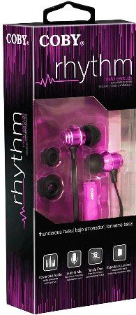 Coby CVE125-PNK Rhythm Tangle-Free Flat Cable Metal Earbuds with Microphone, Pink, Designed for smartphones, tablets and media players; Metal housing Earbuds; One touch answer button; Extra ear cushions; UPC 812180026769 (CVE125PNK CVE-125-PNK CVE125 PNK CVE-125PNK) 