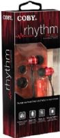 Coby CVE125-RED Rhythm Tangle-Free Flat Cable Metal Earbuds with Microphone, Red, Designed for smartphones, tablets and media players; Metal housing Earbuds; One touch answer button; Extra ear cushions; UPC 812180026752 (CVE125RED CVE-125-RED CVE125 RED CVE-125RED)  