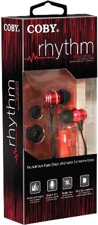 Coby CVE125-RED Rhythm Tangle-Free Flat Cable Metal Earbuds with Microphone, Red, Designed for smartphones, tablets and media players; Metal housing Earbuds; One touch answer button; Extra ear cushions; UPC 812180026752 (CVE125RED CVE-125-RED CVE125 RED CVE-125RED) 
