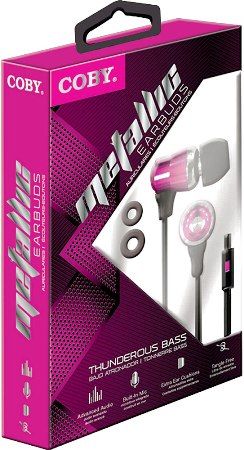 Coby CVE-128-PNK Metallic Stereo Earbuds with Built-in Microphone, Pink; Designed for Smartphones, Tablets and Media Players; Thunderous Bass; Tangle-Eree Flat Cable; Comfortable In-ear Design; One Touch Answer Button; Extra Ear Cushions; Dimensions 3.7 x 5.9 x 1.1 inches; UPC 812180028503 (CVE128PNK CVE128-RED CVE-128PNK CVE-128 CVE128PK)