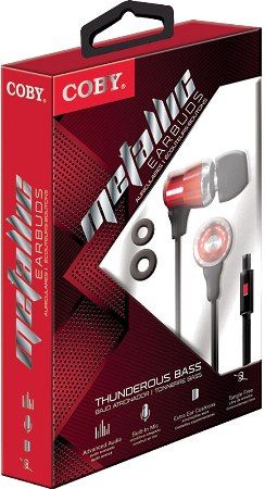 Coby CVE-128-RED Metallic Stereo Earbuds with Built-in Microphone, Red; Designed for Smartphones, Tablets and Media Players; Thunderous Bass; Tangle-Eree Flat Cable; Comfortable In-ear Design; One Touch Answer Button; Extra Ear Cushions; Dimensions 3.7 x 5.9 x 1.1 inches; UPC 812180028497 (CVE128RED CVE128-RED CVE-128RED CVE-128 CVE128RD)