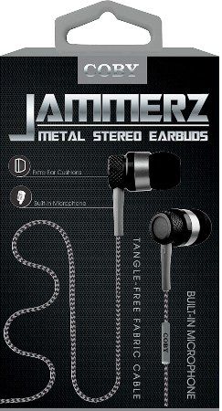 Coby CVE-200-BLK Jammerz Metal Stereo Earbuds, Black; Designed for smartphones, tablets and media players; Frequency Response 20-20kHz; Sensitivity 92dB; Comfortable in-ear design; One Touch Answer Button; Tangle free fabric flat cable; 3.5mm (1/8
