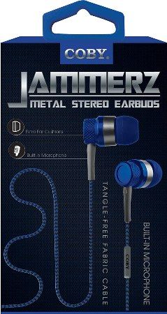 Coby CVE-200-BLU Jammerz Metal Stereo Earbuds, Blue; Designed for smartphones, tablets and media players; Frequency Response 20-20kHz; Sensitivity 92dB; Comfortable in-ear design; One Touch Answer Button; Tangle free fabric flat cable; 3.5mm (1/8