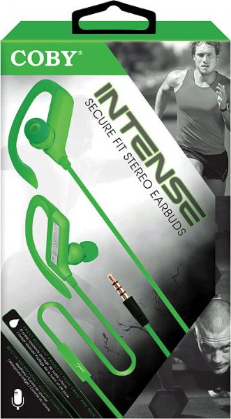 Coby CVE-405-GR Intense Earbuds With Mic, Green, Built-in microphone, Secure Fit, Tangle free flat cable, Sweat resistant, Superior audio performance, Comfortable fit, UPC 812180025427 (CVE 405 GR CVE 405GR CVE405 GR CVE-405GR CVE405-GR CVE405GR)