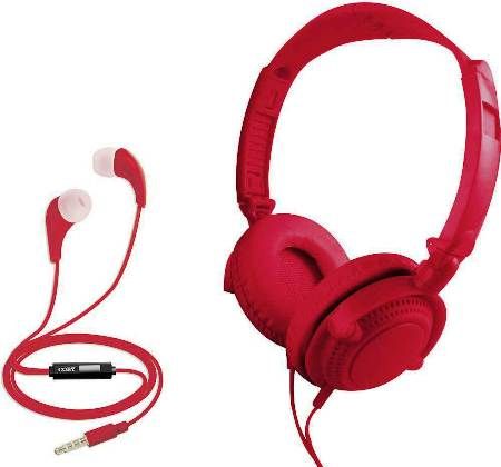 Coby CVH807-RED Set of Headphones and Earbuds, Red, Over-the ear headphones with adjustable headband and swivel ear cups, Headphones fold flat for easy storage, Earbuds with in-line mic for hands-free calling and include a carry case, Sound isolating, UPC 812180022914 (CVH807RED CVH807 RED CVH-807-RED CVH 807-RED) 