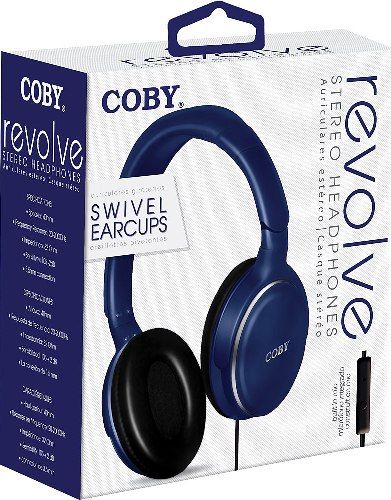 Coby CVH-808-BLU Revolve Folding Stereo Headphones with In-Line Microphone, Blue; Designed for smartphones, tablets and media players; Frequency Response 20-20k Hz; Sensitivity 105dB/W; Impedance 32 Ohms; 40mm Drivers; Adjustable headband; Comfortable ear cushions; Lightweight design; Stereo sound quality; One sided cable; 3.5mm (1/8