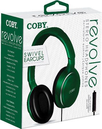 Coby CVH-808-GRN Revolve Folding Stereo Headphones with In-Line Microphone, Green; Designed for smartphones, tablets and media players; Frequency Response 20-20k Hz; Sensitivity 105dB/W; Impedance 32 Ohms; 40mm Drivers; Adjustable headband; Comfortable ear cushions; Lightweight design; Stereo sound quality; One sided cable; 3.5mm (1/8