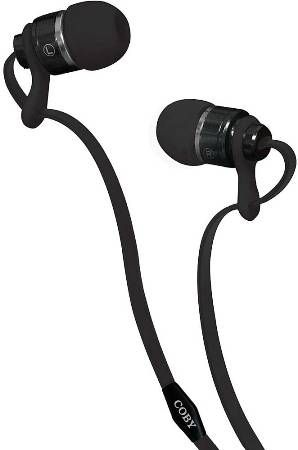 Coby CVPE03-BLK Tangle-Free Flat Cable Metal Stereo Earbuds with Mic, Black, Reinforced alloy housing, Once touch answer button, Built-in microphone, Tangle-free flat cable, Extra ear cushions, 9mm Driver, UPC 812180024000 (CVPE03BLK CVPE03 BLK CVPE-03-BLK) 