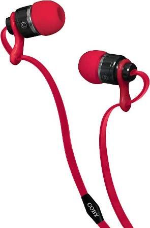Coby CVPE03-RED Tangle-Free Flat Cable Metal Stereo Earbuds with Mic, Red, Reinforced alloy housing, Once touch answer button, Built-in microphone, Tangle-free flat cable, Extra ear cushions, 9mm Driver, UPC 812180024093 (CVPE03RED CVPE03 RED CVPE-03-RED) 