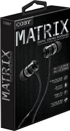Coby CVPE-07-BLK Matrix Metal Stereo Earbuds with Built-in Microphone, Black; Designed for smartphones, tablets and media players; Frequency range 20-20000Hz; Reinforced alloy housing; Once touch answer button; Tangle-free flat cable; Extra ear cushions; 10mm driver; Dimensions 3.8 x 5.9 x 1.1 inches; UPC 812180024185 (CVPE07BLK CVPE07-BLK CVPE-07BLK CVPE-07 CVPE07BK)