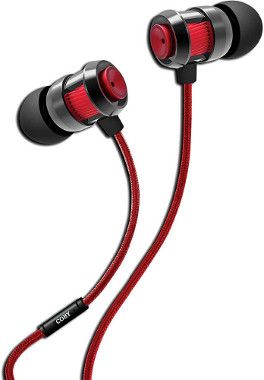 Coby CVPE-07-RED Matrix Tangle-Free Flat Cable Metal Stereo Earbuds With Mic, Red, Reinforced alloy housing, Once touch answer button, Built-in microphone, Tangle-free flat cable, Extra ear cushions, 10mm driver, Dimensions 3.8
