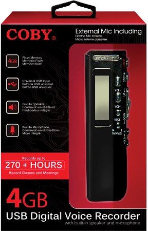 Coby CVR20 USB Digital Voice Recorder with Built-in Speaker and Microphone, 4GB flash memory, Universal USB input, Fully supports Hi-Fi audio, Convenient clip on microphone, Record up to 270+ hours, UPC 812180023089 (CVR-20 CVR 20 CV-R20)
