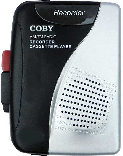 Coby CVR-28-BLK AM/FM Cassette Recorder w/Stereo Earbuds; AM/FM radio Record; Built-in microphone; Detachable belt clip; Play, stop, fast forward and rewind buttons; Dimensions 4.5