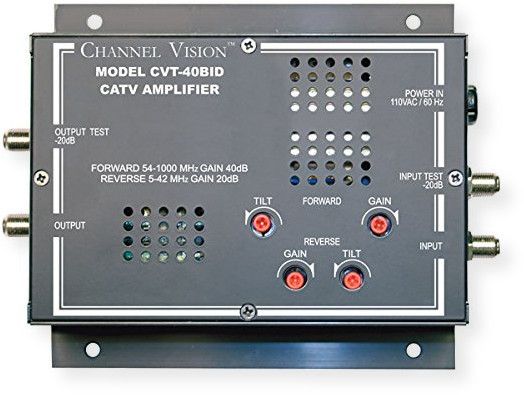 Channel Vision CVT-40BID 40dB RF Amplifier; Black; High gain RF amplifier that covers all TV bands and provides an amplified 5 to 42 Megahertz reverse channel for CATV upstream information; Adjustable gain and tilt for fine tuning systems; Amplified return path ensuring great performance with cable boxes and modems; UPC 690240022551 (CVT40 CVT40BID CVT-40BID RFCVT-40BID RFAMP-CVT-40BID CVT-40BID-AMPLIFIER)