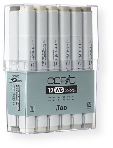 Copic CWG12 Set Warm Gray Marker; The original line of high quality illustrating tools used for decades by professionals around the world; Preferred for architectural design, product rendering, and other forms of industrial design; EAN 4511338002193 (CWG-12 C-WG12 CW-G12 CWG1-2 COPICCWG12 COPIC-CWG12)