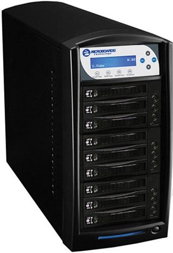 Microboards CW-HDD-08 CopyWriter Digital Standalone Hard Drive Tower Duplicator, Black; 5 Drives; 20x2 LCD Display; 128 MB Buffer Memory; Perfect solution for making backup or residual copies of hard drive content; Copy up to 8 Hard drives at a time; Read/write speeds of 75 MB/sec.; Compatible with PC, Mac, Unix, Linux; Supports FAT32, extFAT, NTFS, ext2/3/4 file systems (CWHDD08 CWHDD-08 CW-HDD08 22852)