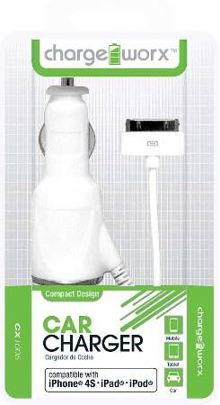 Chargeworx CX1005WH Car Charger, White; Compatible with iPhone 4/4S, iPad and iPod; Stylish, durable, innovative design; Cigarette lighter adapter with attached cable; Intelligent IC chip technology; Power Input 12/24V; Total Power Output 5V - 1Amp; UPC 643620000052 (CX-1005WH CX 1005WH CX1005W CX1005)