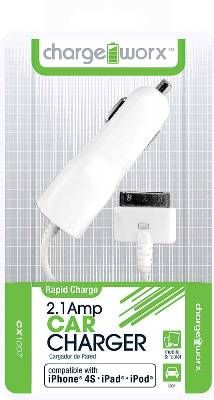 Chargeworx CX1007WH Car Charger, White; Stylish, durable, innovative design; Cigarette lighter adapter with attached cable; Intelligent IC chip technology; 2.1 Amp; Power Input 12/24V; UPC 643620100707 (CX-1007WH CX 1007WH CX1007W CX1007)