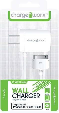Chargeworx CX1501WH Wall Charger with 30-Pin Tip, White; Fits with iPhone 4/4S iPad and iPod; Stylish, durable, innovative design; Wall charger with attached cable; Intelligent IC chip technology; Power Input 12/24V; Total Power Output 5V - 1Amp; UPC 643620000083 (CX-1501WH CX 1501WH CX1501W CX1501)