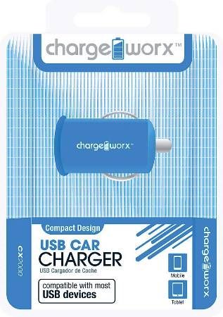 Chargeworx CX2000BL USB Car Charger, Blue; Fits with most USB devices; Stylish, durable, innovative design; Cigarette lighter USB charger; 1 USB port; Power Input 12/24V; Total Output 5V - 1.0Amp; UPC 643620000175 (CX-2000BL CX 2000BL CX2000B CX2000)